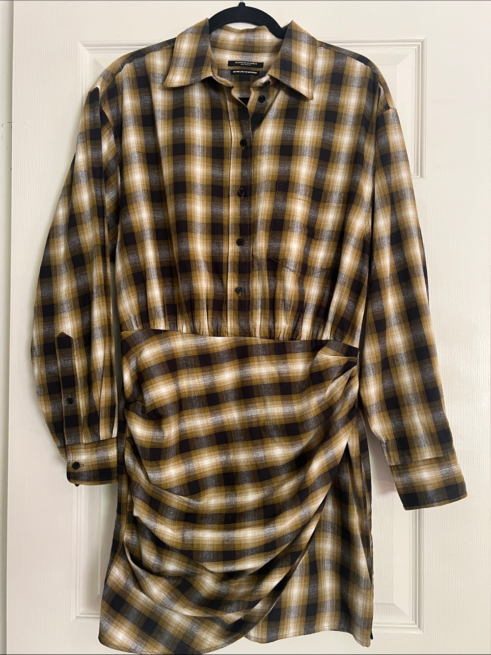 Scotch & Soda Mustard and Black Plaid Button-Down ruched Shirt Dress
